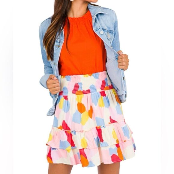 THML Paintbrush Shirred‎ Waist Ruffle Bottom Mini Skirt - M - Picture 1 of 12